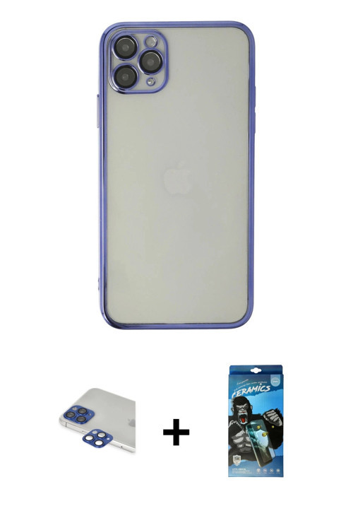ieg™ iPhone 11 Pro Max Kılıf Vadi Minimal - Siyah 34D Izgaralı Cam + Lacivert Pers Alüminyum Kamera