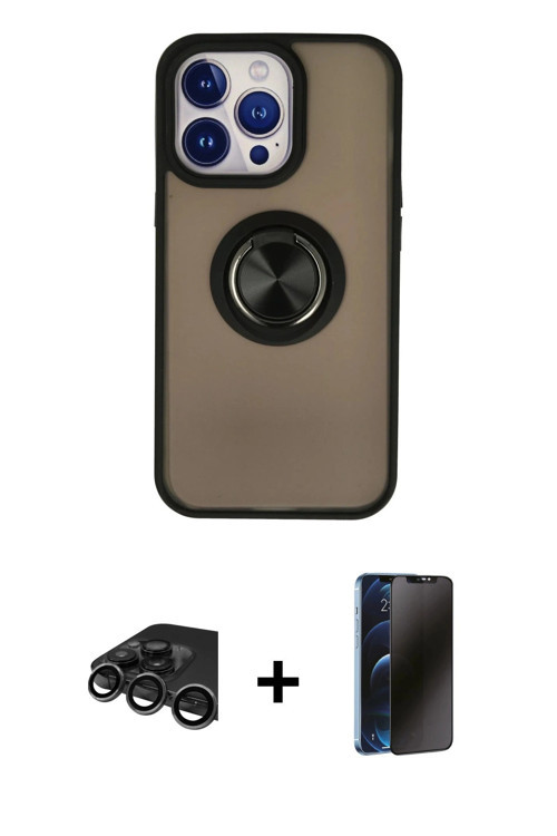 ieg™ iPhone 15 Pro Max Kılıf Yörünge Çizgi - Siyah 3D Antistatik Hayalet Cam Ekran Koruyucu + Titany