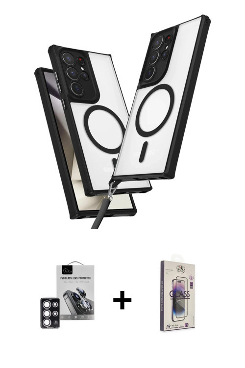ieg™ Galaxy S24 Ultra Kılıf Atlas Doku Koleksiyonu - Siyah Bilvis 3D Cam Ekran Koruyucu + Pembe PVD