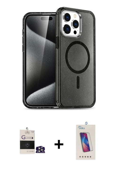 ieg™ iPhone 14 Pro Max Kılıf Nova Asil Prime - Siyah Joko 5D Cam + Gümüş Bilvis Titan Kamera Lens