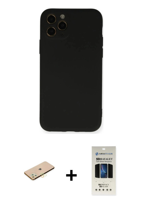 ieg™ iPhone 11 Pro Kılıf Ahenk Serisi - Siyah 5D Hayalet Cam Ekran Koruyucu + Sarı Renkli Kamera Len