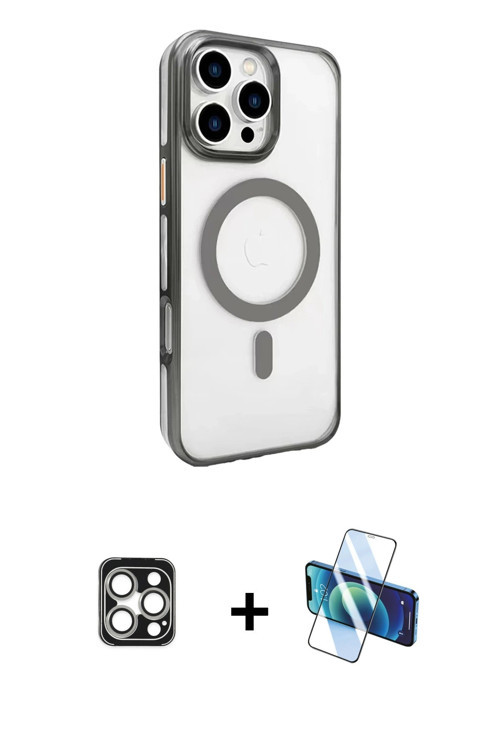 ieg™ iPhone 16 Pro Max Kılıf Doruk Doku Özel Seri - Siyah 3D Antistatik Cam Ekran Koruyucu + Gümüş P