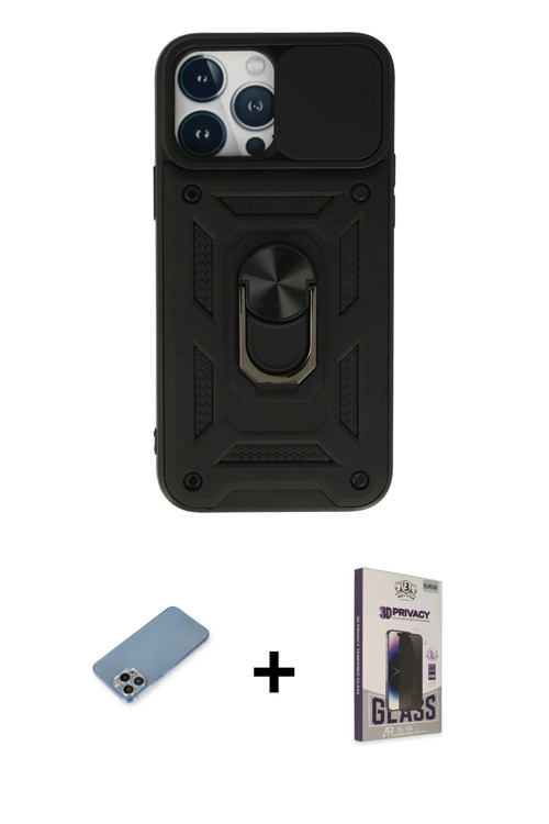 ieg™ iPhone 13 Pro Max Kılıf Ahenk Klasik - Siyah Bilvis Hayalet Cam Ekran Koruyucu + Gökkuşağı Shin