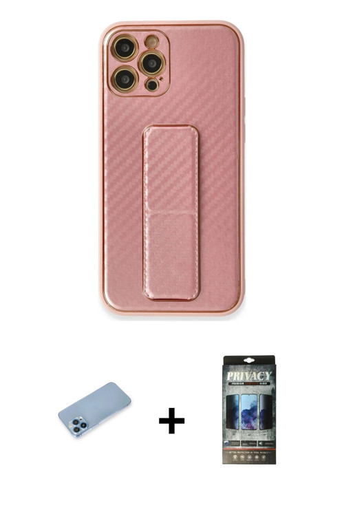 ieg™ iPhone 12 Pro Kılıf Yörünge Yansıma - Siyah 34D Hayalet Izgaralı Cam + Mavi Shine Kamera Lens K