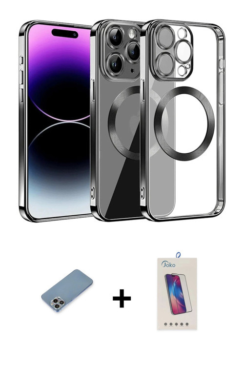 ieg™ iPhone 13 Pro Max Kılıf Pusula Form - Siyah Joko 5D Cam + Gökkuşağı Shine Kamera Lens Koruma Ca