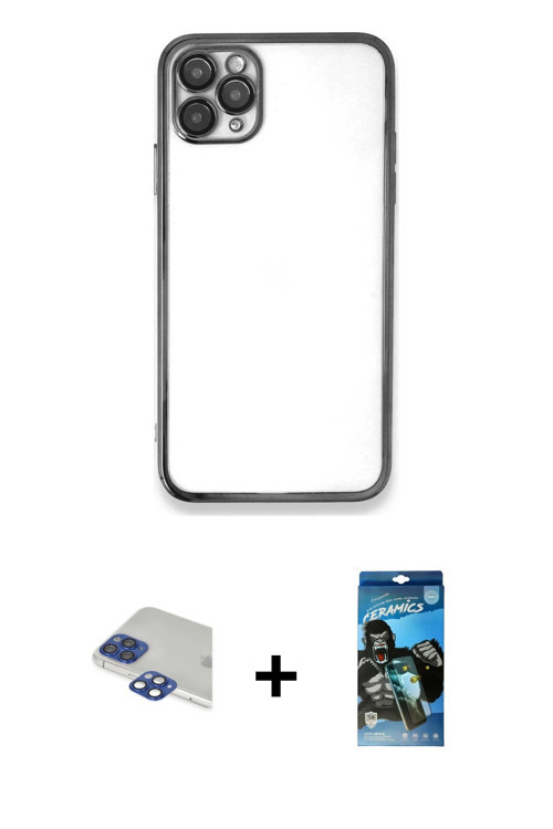 ieg™ iPhone 11 Pro Max Kılıf Vadi Minimal - Siyah 34D Izgaralı Cam + Lacivert Pers Alüminyum Kamera