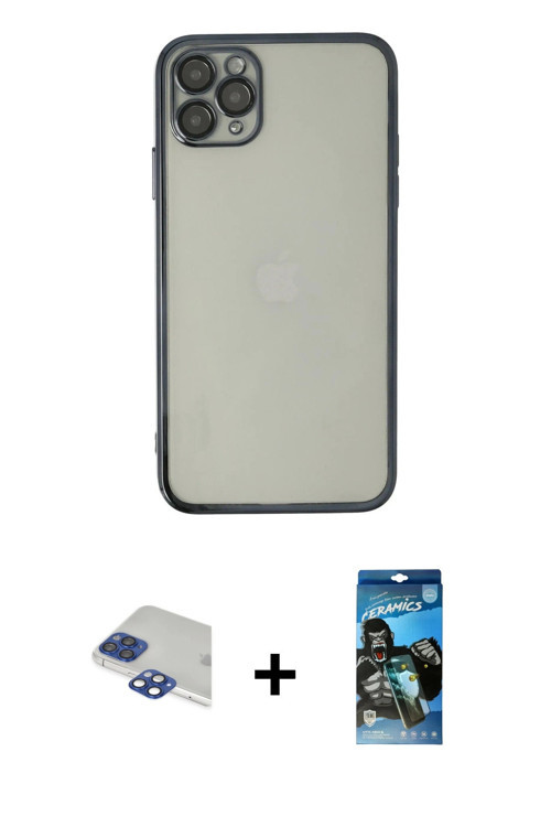 ieg™ iPhone 11 Pro Max Kılıf Vadi Minimal - Siyah 34D Izgaralı Cam + Lacivert Pers Alüminyum Kamera