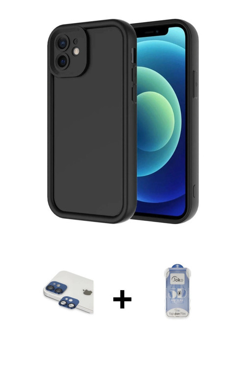 ieg™ iPhone 11 Kılıf Yankı Yansıma Özel Seri - Siyah Joko Magic 5D Cam + Lacivert Pers Alüminyum Kam