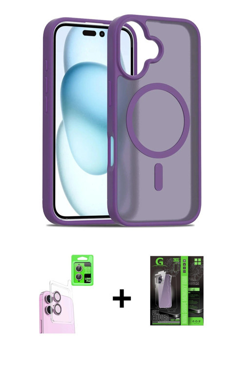 ieg™ iPhone 16 Kılıf Siluet Minimal Prime - Şeffaf 360 Full Body Arka Koruyucu + Pembe Raze Metal Ka