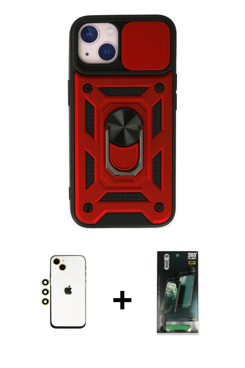 ieg™ iPhone 14 Kılıf Ahenk Klasik - Şeffaf 360 Full Body Arka Koruyucu + Gold Shine Kamera Lens