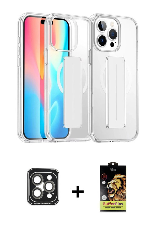 ieg™ iPhone 15 Pro Max Kılıf Nova Işık Koleksiyonu - Siyah Buffer Cam Ekran Koruyucu + Gri PVD Metal