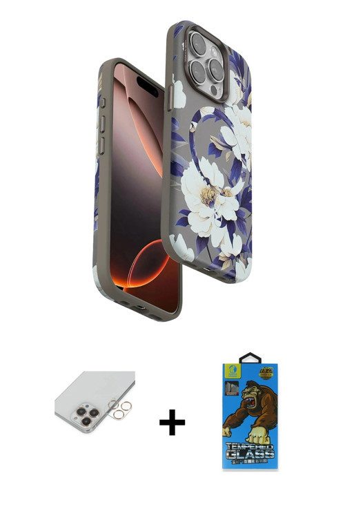 ieg™ iPhone 14 Pro Max Kılıf Siluet Doku - Siyah 18D Cam Ekran Koruyucu + Gold Band Metal Kamera Len