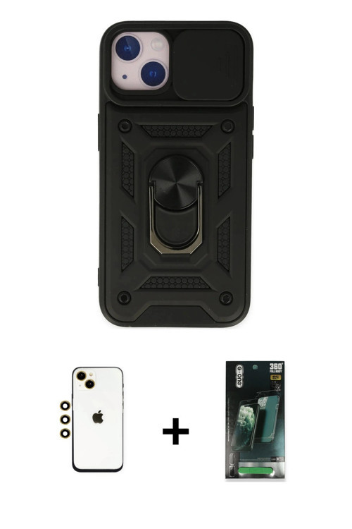 ieg™ iPhone 14 Kılıf Ahenk Klasik - Şeffaf 360 Full Body Arka Koruyucu + Gold Shine Kamera Lens