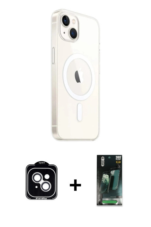 ieg™ iPhone 14 Kılıf Ahenk Yansıma Prime - Şeffaf 360 Full Body Arka Koruyucu + Gümüş PVD Metal Kame