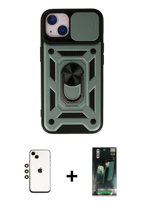 ieg™ iPhone 14 Kılıf Ahenk Klasik - Şeffaf 360 Full Body Arka Koruyucu + Gold Shine Kamera Lens