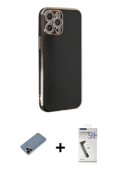 iPhone 12 Pro Kılıf Yankı Serisi - Şeffaf Uv Polymer Nano Ekran Koruyucu + Siyah Shine Kamera L