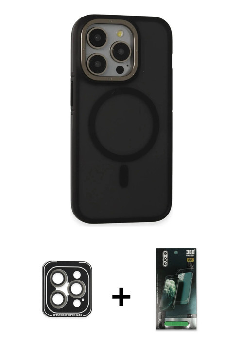 ieg™ iPhone 15 Pro Max Kılıf Ahenk Form Serisi - Siyah 360 Mat Full Body Arka Koruyucu + Gri PVD Met