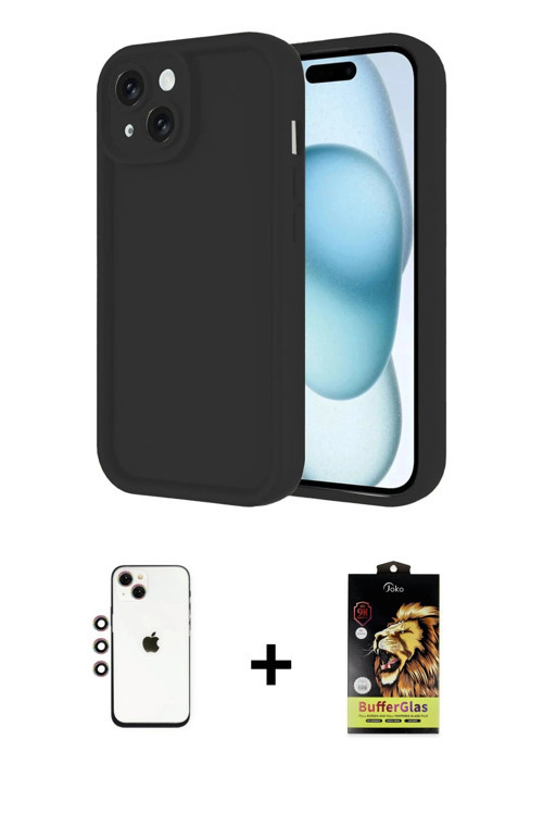 ieg™ iPhone 14 Kılıf Yankı Yansıma Özel Seri - Siyah Buffer Cam Ekran Koruyucu + Gökkuşağı Shine Kam