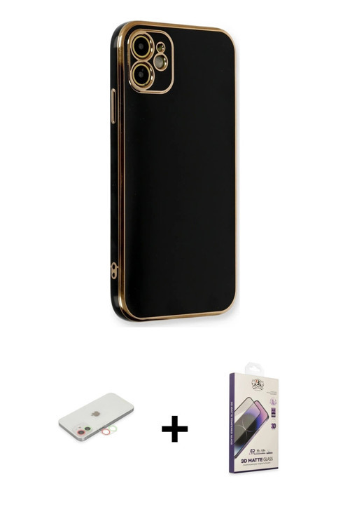ieg™ iPhone 11 Kılıf Yankı Serisi - Siyah Bilvis 3D Mat Cam Ekran Koruyucu + Yeşil Renkli Kamera Len