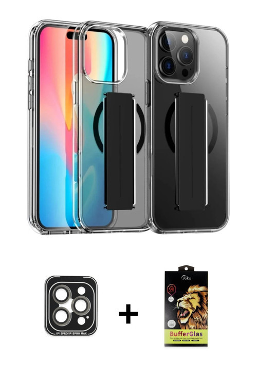 ieg™ iPhone 15 Pro Max Kılıf Nova Işık Koleksiyonu - Siyah Buffer Cam Ekran Koruyucu + Gri PVD Metal