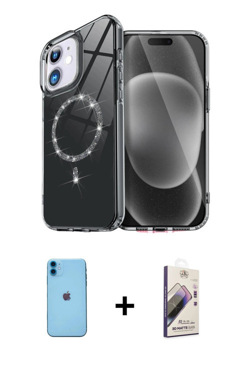 ieg™ iPhone 11 Kılıf Kıvılcım Form Prime - Siyah Bilvis 3D Mat Cam Ekran Koruyucu + Mavi Neon Fosfor