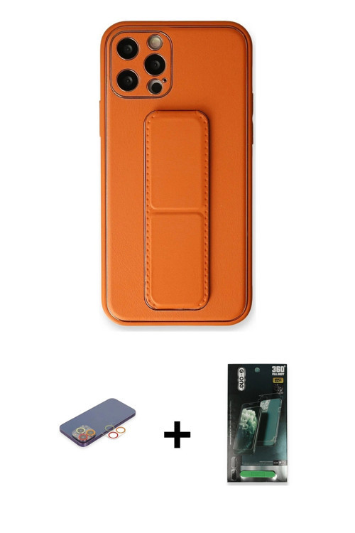 ieg™ iPhone 12 Pro Kılıf Akış Doku - Siyah 360 Mat Full Body Arka Koruyucu + Turuncu Renkli Kamera L