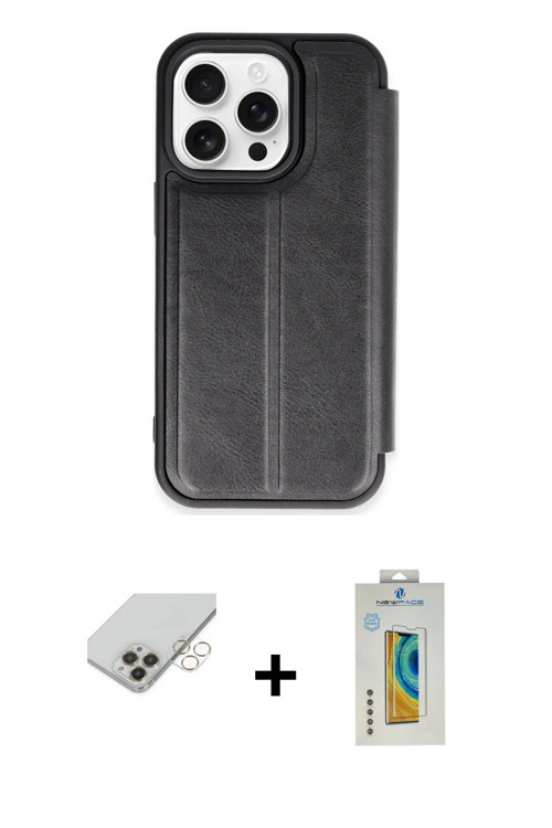 ieg™ iPhone 14 Pro Max Kılıf Zirve Yansıma Serisi - Siyah Polymer Nano Ekran Koruyucu + Gold Band Me