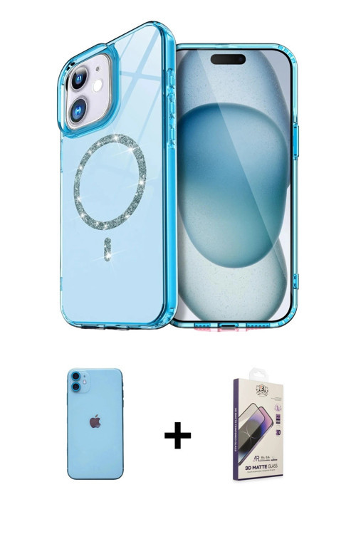 ieg™ iPhone 11 Kılıf Kıvılcım Form Prime - Siyah Bilvis 3D Mat Cam Ekran Koruyucu + Mavi Neon Fosfor