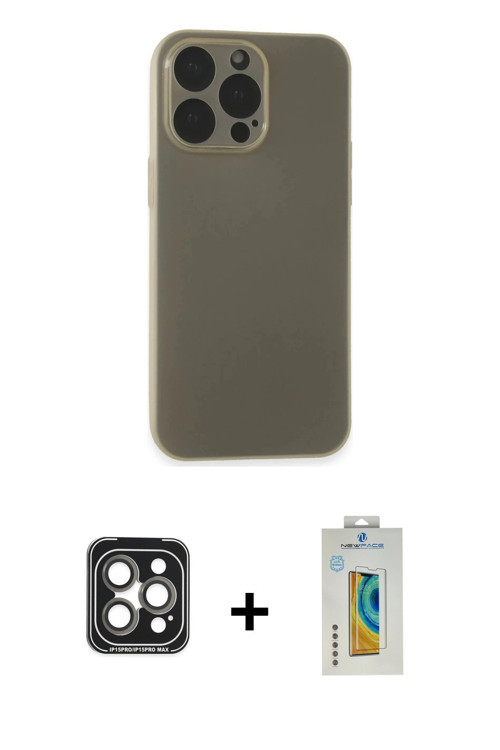 ieg™ iPhone 15 Pro Max Kılıf Atlas Minimal Prime - Siyah Polymer Nano Ekran Koruyucu + Gri PVD Metal
