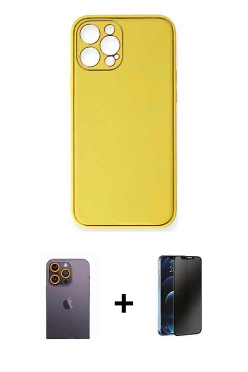 ieg™ iPhone 12 Pro Max Kılıf Yadigar Klasik - Siyah 3D Antistatik Hayalet Cam Ekran Koruyucu + Sarı