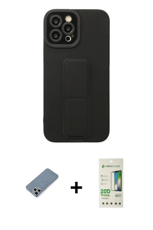 ieg™ iPhone 12 Pro Max Kılıf Çekirdek Yansıma - Siyah 20D Premium Cam Ekran Koruyucu + Gümüş Metal K
