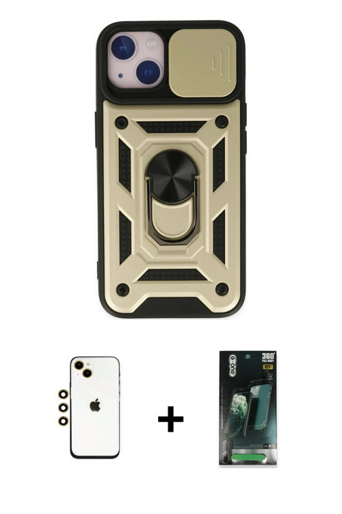 ieg™ iPhone 14 Kılıf Ahenk Klasik - Şeffaf 360 Full Body Arka Koruyucu + Gold Shine Kamera Lens