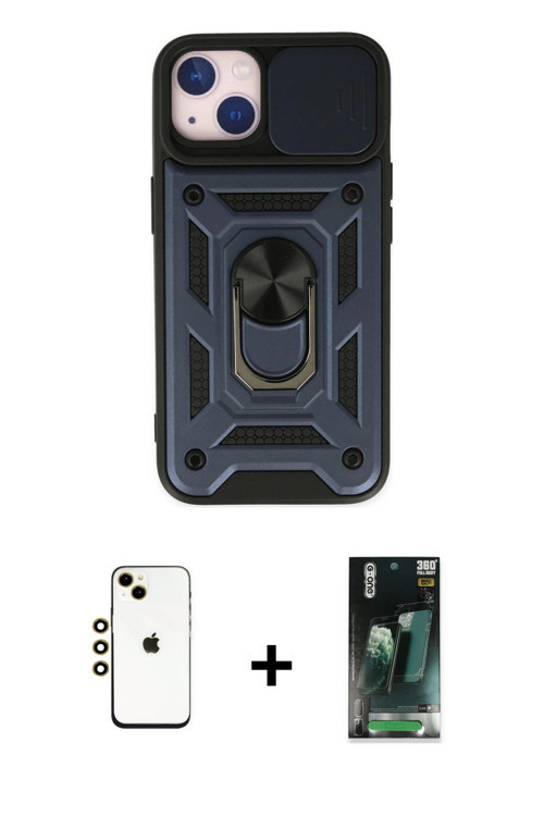 ieg™ iPhone 14 Kılıf Ahenk Klasik - Şeffaf 360 Full Body Arka Koruyucu + Gold Shine Kamera Lens
