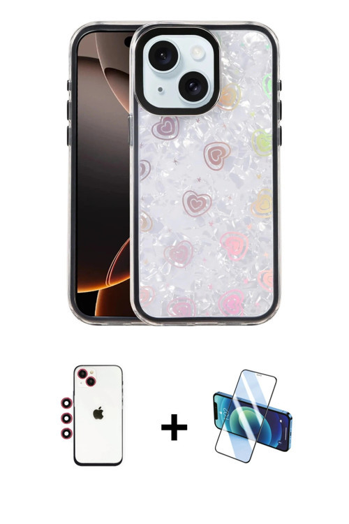 ieg™ iPhone 14 Kılıf Odak Prime - Siyah 3D Antistatik Cam Ekran Koruyucu + Kırmızı Shine Kamera Lens