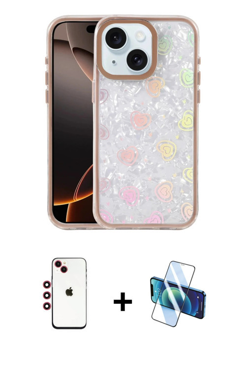 ieg™ iPhone 14 Kılıf Odak Prime - Siyah 3D Antistatik Cam Ekran Koruyucu + Kırmızı Shine Kamera Lens