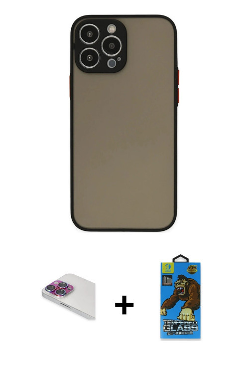 ieg™ iPhone 13 Pro Max Kılıf Ahenk Çizgi Serisi - Siyah 18D Cam Ekran Koruyucu + Gökkuşağı Pers Alüm