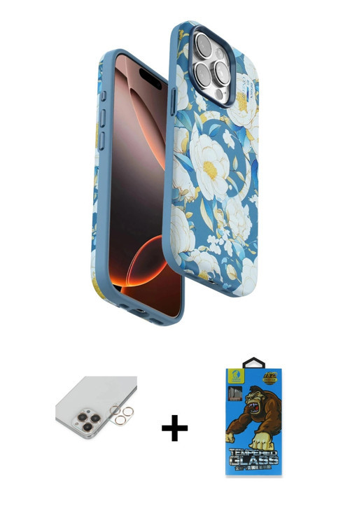 ieg™ iPhone 14 Pro Max Kılıf Siluet Doku - Siyah 18D Cam Ekran Koruyucu + Gold Band Metal Kamera Len