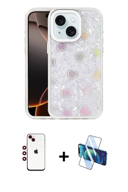 ieg™ iPhone 14 Kılıf Odak Prime - Siyah 3D Antistatik Cam Ekran Koruyucu + Kırmızı Shine Kamera Lens