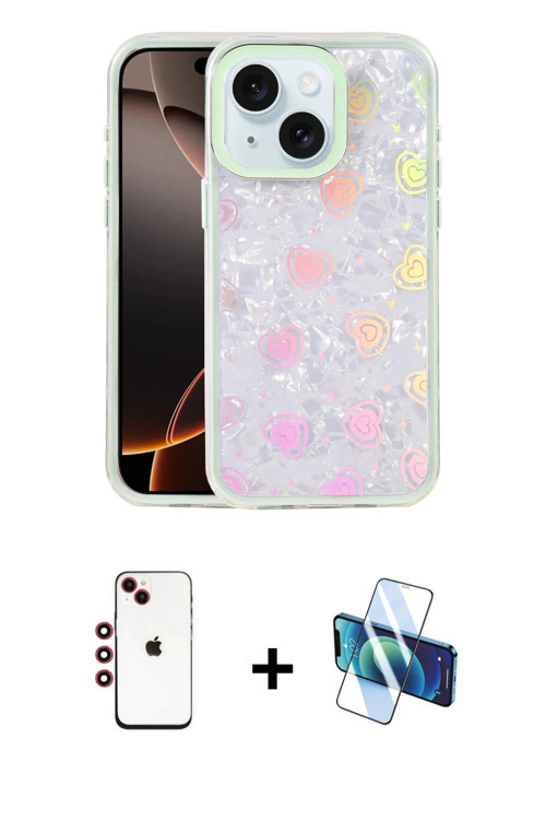 ieg™ iPhone 14 Kılıf Odak Prime - Siyah 3D Antistatik Cam Ekran Koruyucu + Kırmızı Shine Kamera Lens