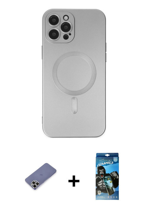 ieg™ iPhone 12 Pro Max Kılıf Akış Minimal Özel Seri - Siyah 34D Izgaralı Cam + Gold Metal Kamera Len
