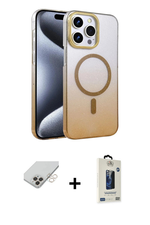 ieg™ iPhone 14 Pro Max Kılıf Ahenk Doku Özel Seri - Siyah Bilvis Hayalet Cam Ekran Koruyucu + Gold B