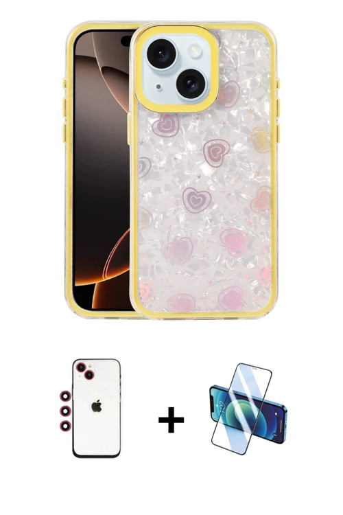 ieg™ iPhone 14 Kılıf Odak Prime - Siyah 3D Antistatik Cam Ekran Koruyucu + Kırmızı Shine Kamera Lens