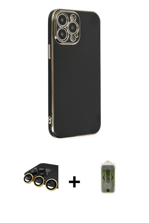 ieg™ iPhone 14 Pro Max Kılıf Yankı Serisi - Siyah Joko Magic 5D Hayalet Cam + Gold Raze Metal Kamera