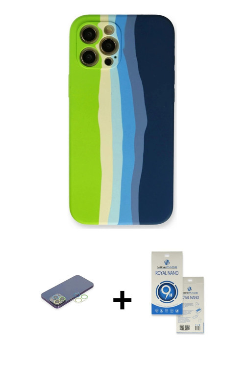 ieg™ iPhone 12 Pro Max Kılıf Yadigar Çizgi - Şeffaf Royal Nano Ekran Koruyucu + Yeşil Renkli Kamera