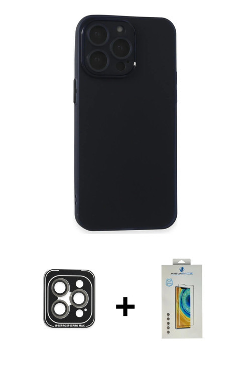 ieg™ iPhone 15 Pro Max Kılıf Atlas Minimal Prime - Siyah Polymer Nano Ekran Koruyucu + Gri PVD Metal