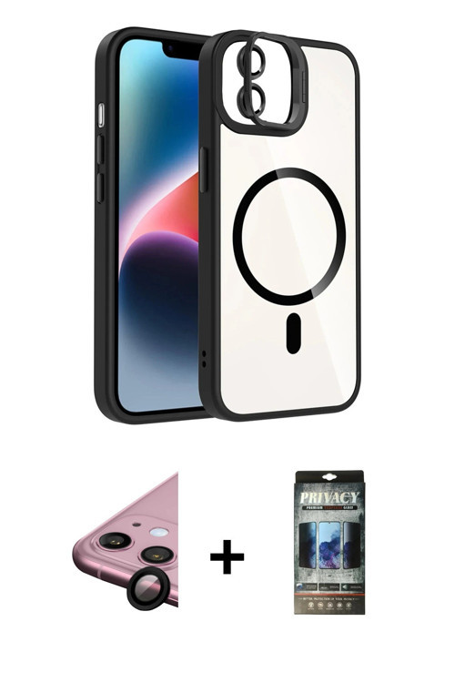 ieg™ iPhone 11 Kılıf Yadigar Asil Koleksiyonu - Siyah 34D Hayalet Izgaralı Cam + Siyah Raze Metal Ka