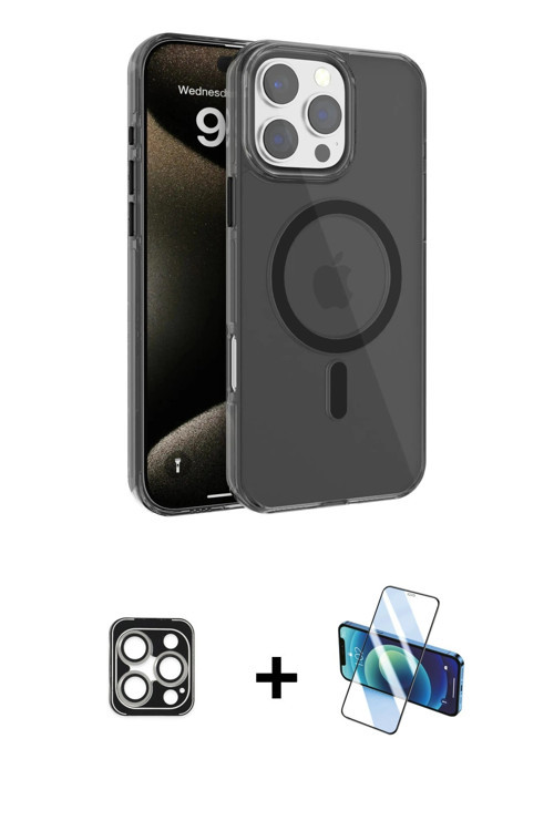 ieg™ iPhone 16 Pro Max Kılıf Doruk Doku Özel Seri - Siyah 3D Antistatik Cam Ekran Koruyucu + Gümüş P