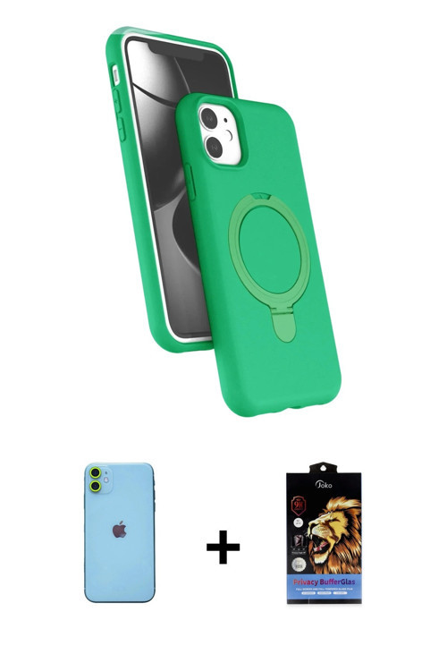 ieg™ iPhone 11 Kılıf İz Işık Koleksiyonu - Siyah Buffer Hayalet Cam Ekran Koruyucu + Yeşil Neon Fosf