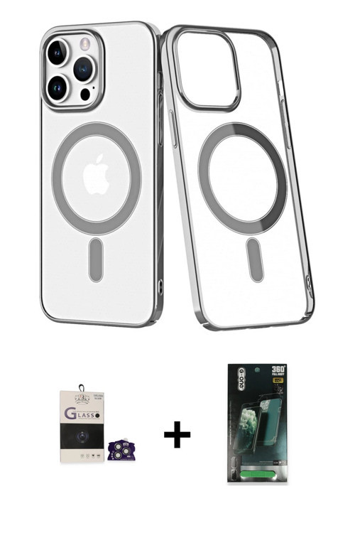 ieg™ iPhone 14 Pro Max Kılıf Yörünge Minimal - Siyah 360 Mat Full Body Arka Koruyucu + Gümüş Bilvis