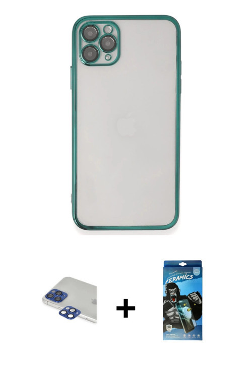 ieg™ iPhone 11 Pro Max Kılıf Vadi Minimal - Siyah 34D Izgaralı Cam + Lacivert Pers Alüminyum Kamera